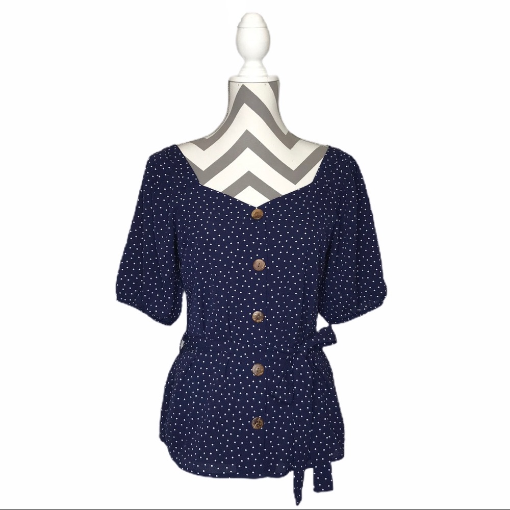 Monteau-Blue Blouse w/white polka-dots-waist tie-NWOT-Sz Med.